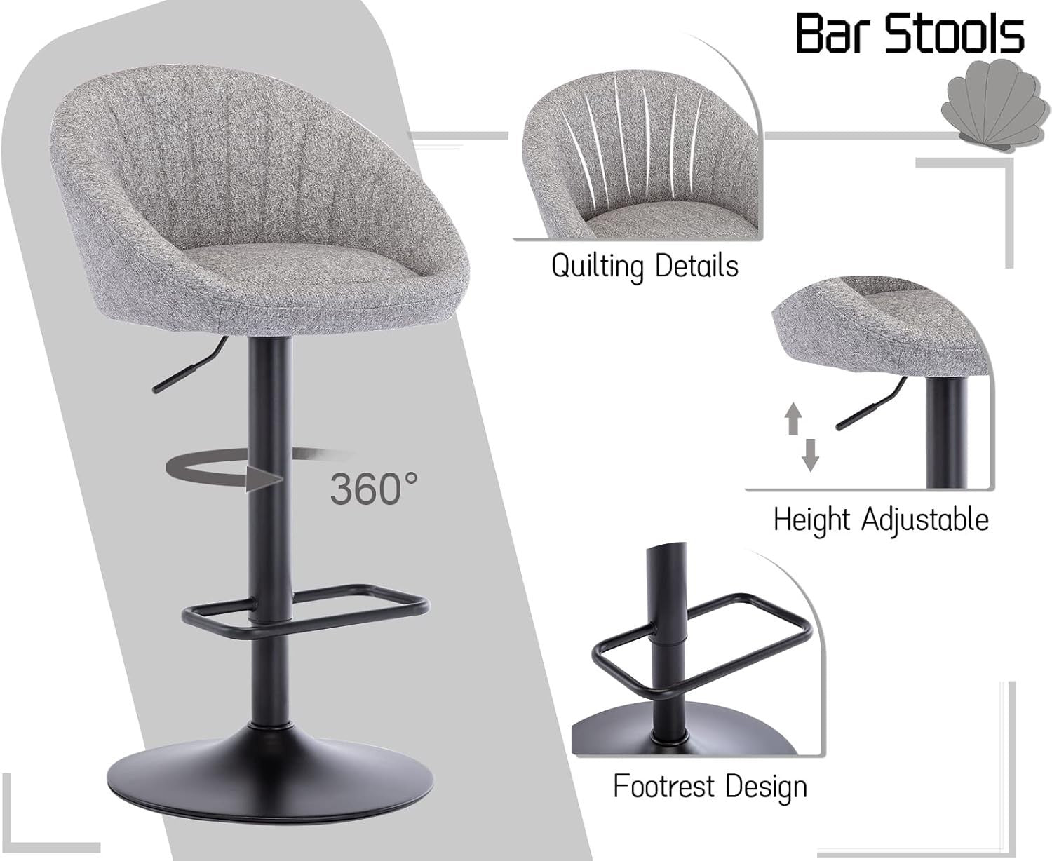 Bar Stools Set of 2 | Grey L-Shaped Adjustable Counter Chairs