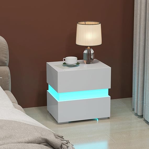 Modern LED Bedside Table with RGB Lights, 2 Drawers, High Gloss Nightstand