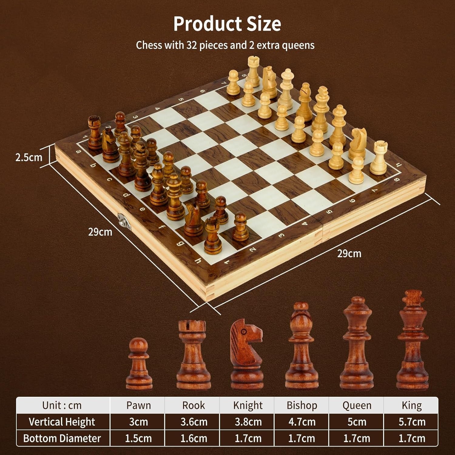 Portable 29×29cm Folding Magnetic Wooden Chess Set for Beginners & Adults