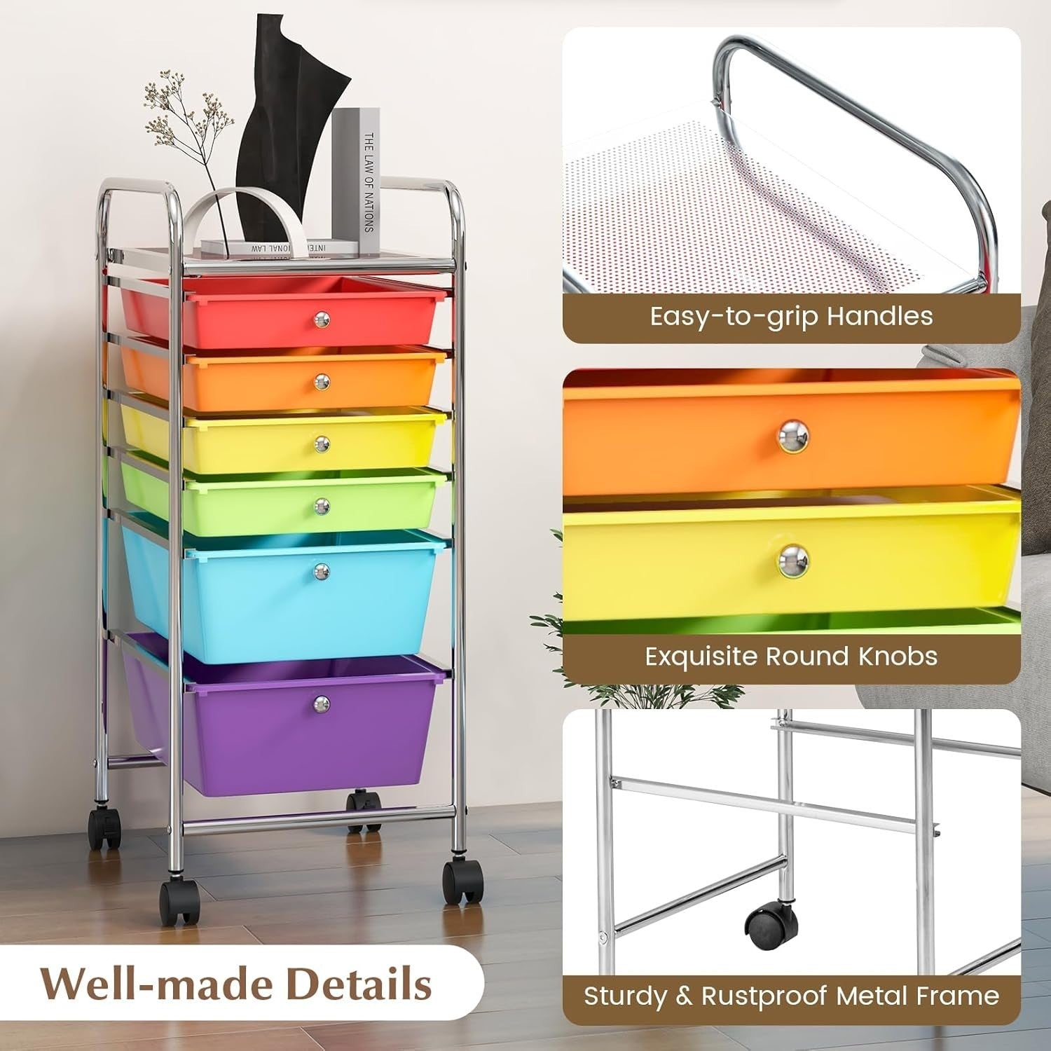 Multicolor 6 Drawer Mobile Storage Trolley Rolling Utility Organizer Cart