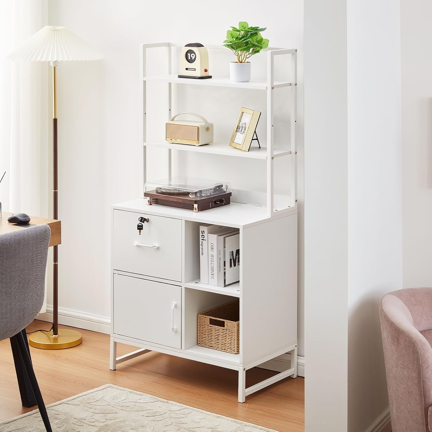 Lockable Filing Cabinet Stand with Charging Station 3 Tier Shelves White