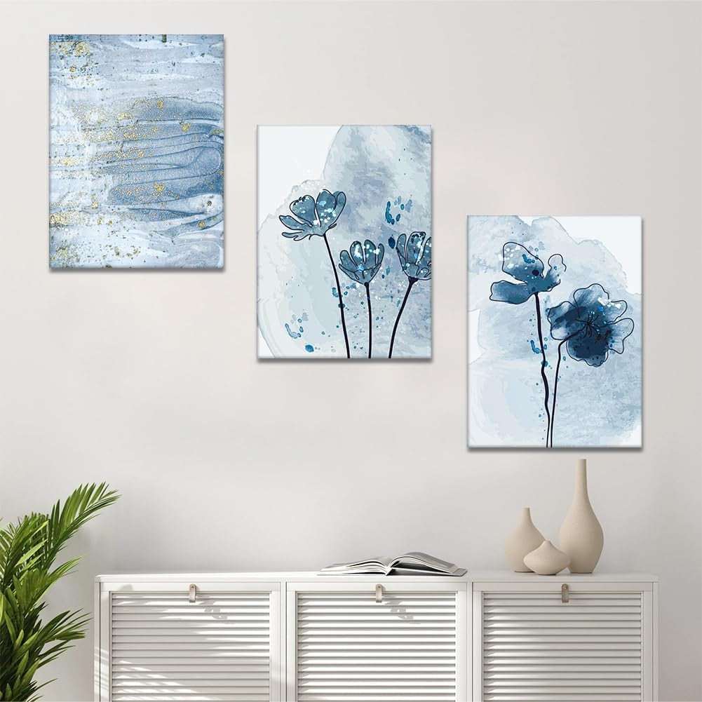 3 Piece Blue Gold Abstract Canvas Wall Art 30x40cm Framed Set