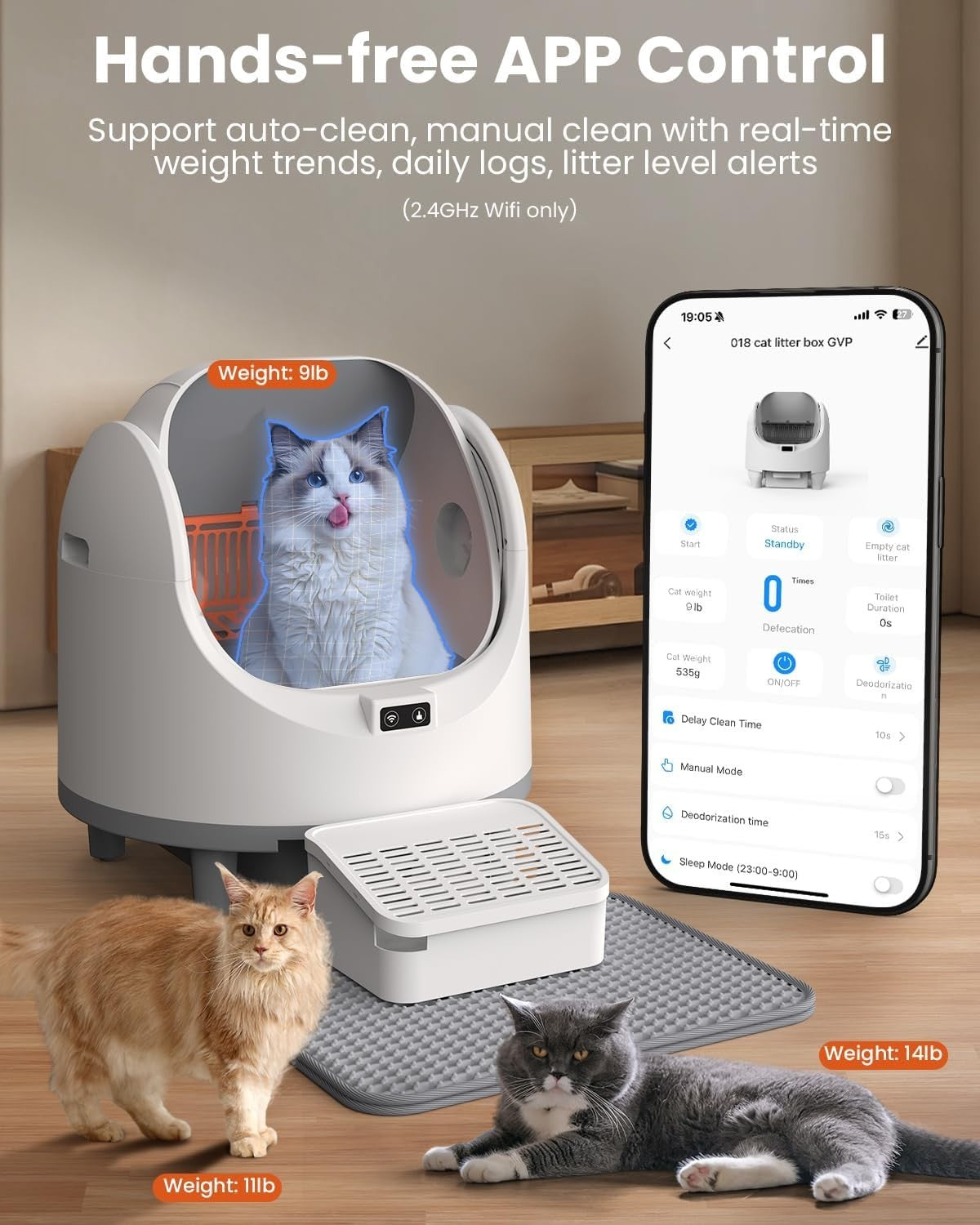 Self Cleaning Cat Litter Box APP Control Open Top Large Cat 22lbs