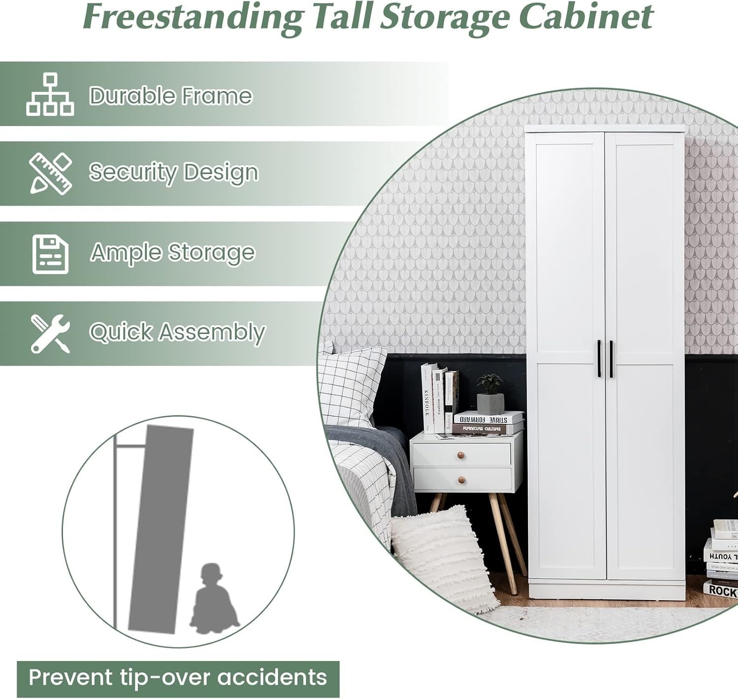 Tall Kitchen Cupboard 5-Tier Storage Cabinet 2 Doors White