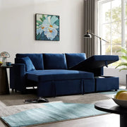 3 Seater Sofa Bed Blue Velvet | Pull Out Chaise with Storage | Reversible
