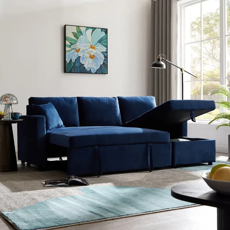 3 Seater Sofa Bed Blue Velvet | Pull Out Chaise with Storage | Reversible