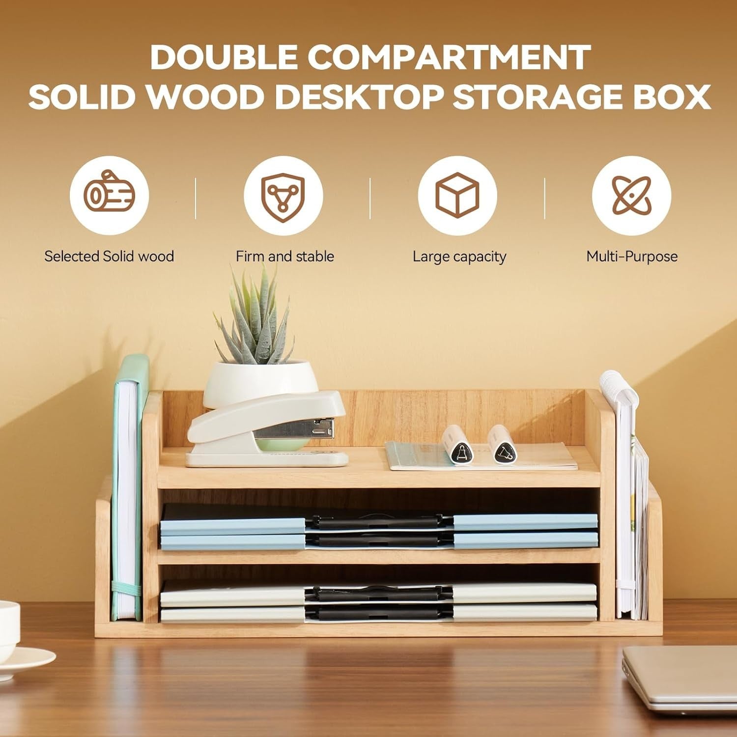 3-Tier Wooden Desk Organizer Tray for Mail, Files, Papers & Stationery