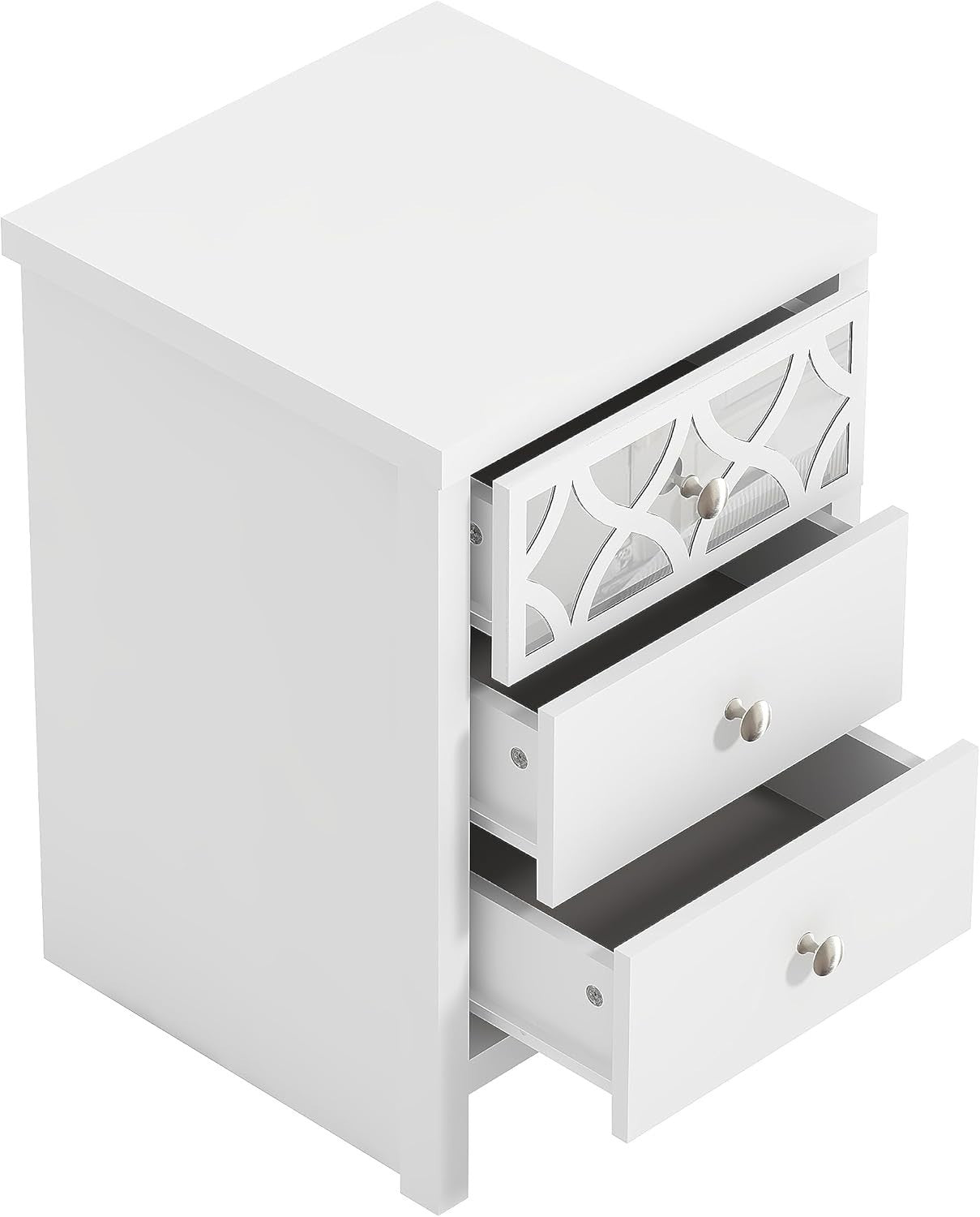 White 3 Drawer Bedside Table with Mirrored Panel, Modern Bedroom Cabinet 59x39cm