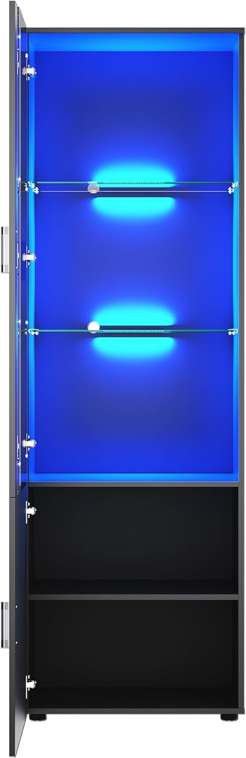 Tall 187cm Black Gloss LED Display Cabinet with Clear Front & Glass Shelves