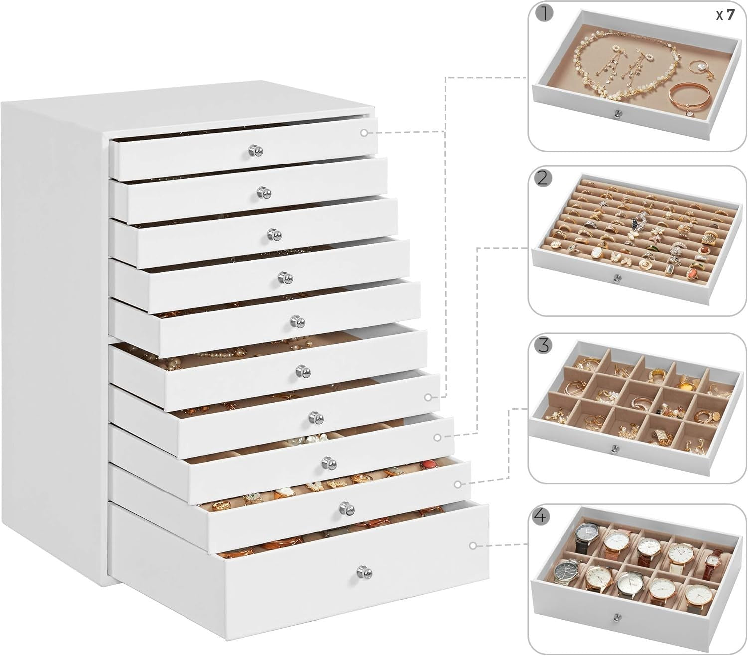 Extra Large Jewelry Box 10 Drawer Faux Leather Storage Organizer Case