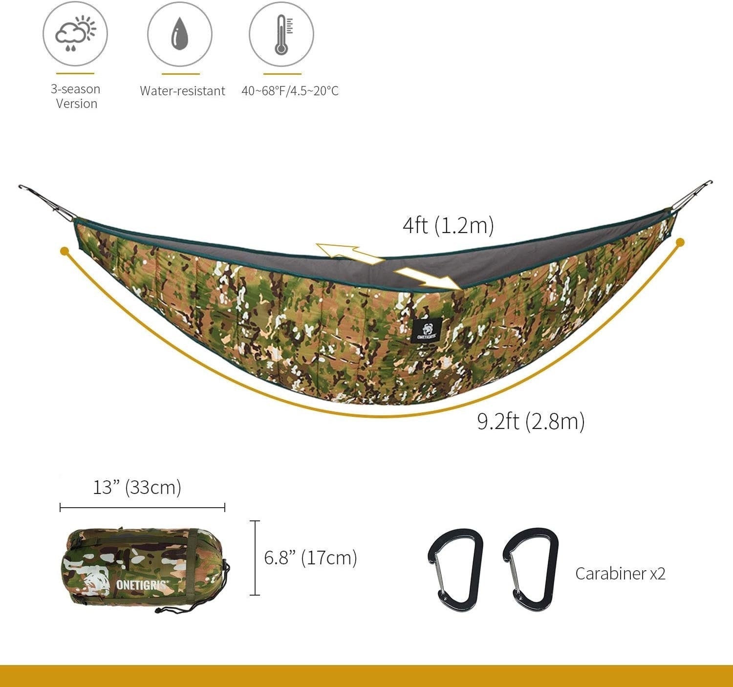 4-Season Hammock Underquilt Camo Full Length Lightweight Warm Camping Gear