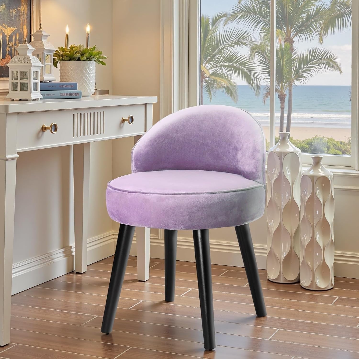 Purple Velvet Low-Back Vanity Stool with Wood Legs – Makeup Chair 49×49×68cm