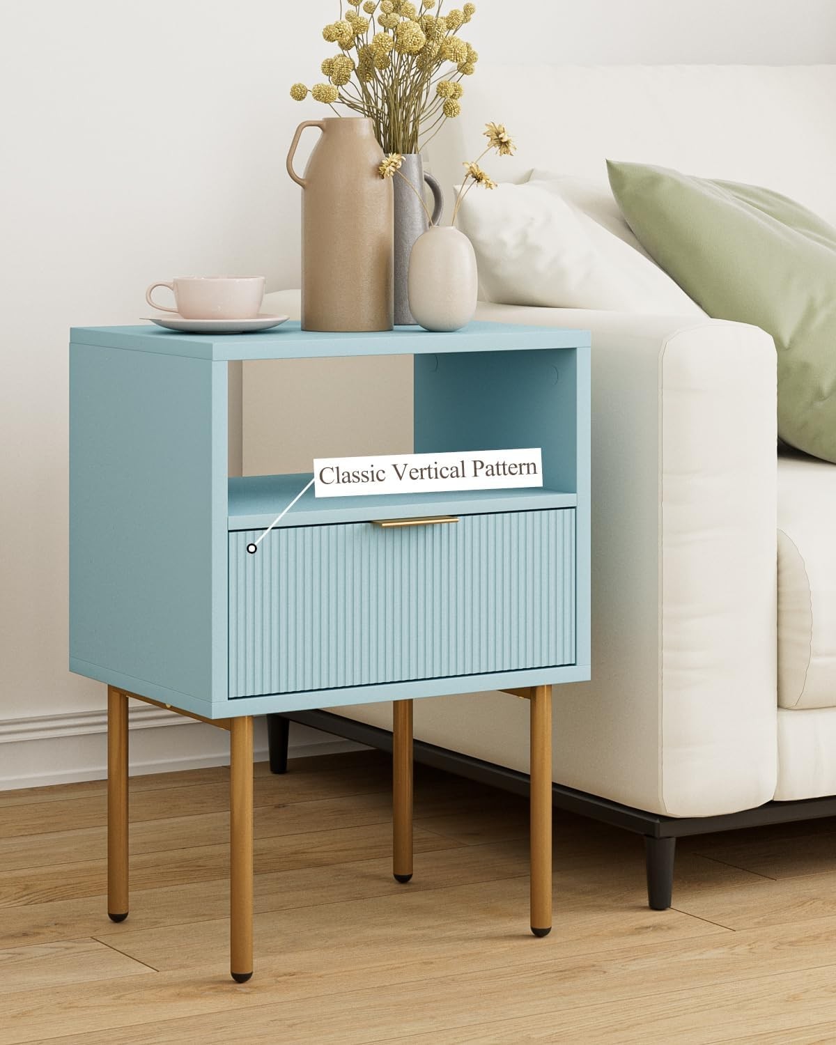 Modern Blue Bedside Table with Drawer & Shelf | Gold Legs Nightstand