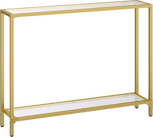 Slim 2-Tier Gold Console Table 100x22x80cm Tempered Glass Shelf