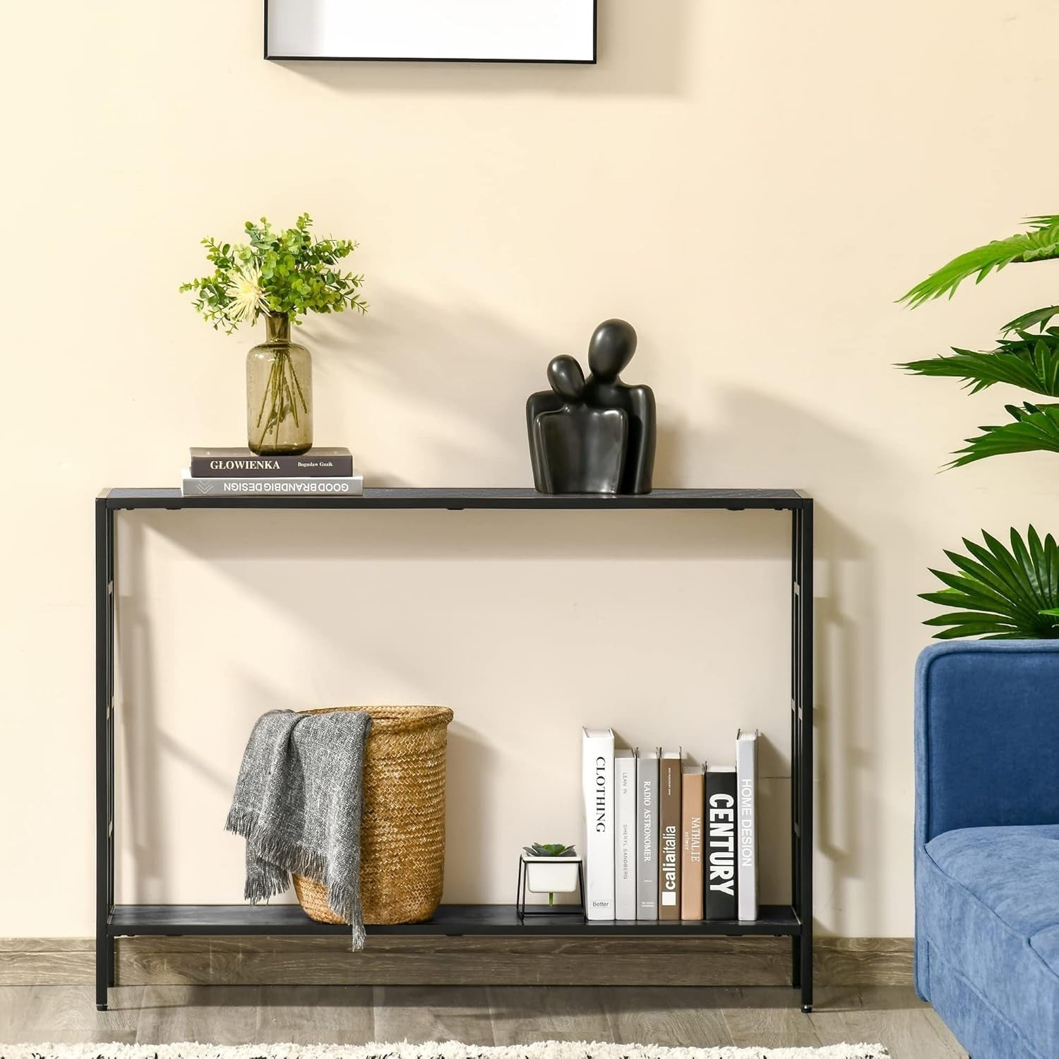 Slim Black Console Table with Metal Frame, 2 Shelves, Hallway Storage