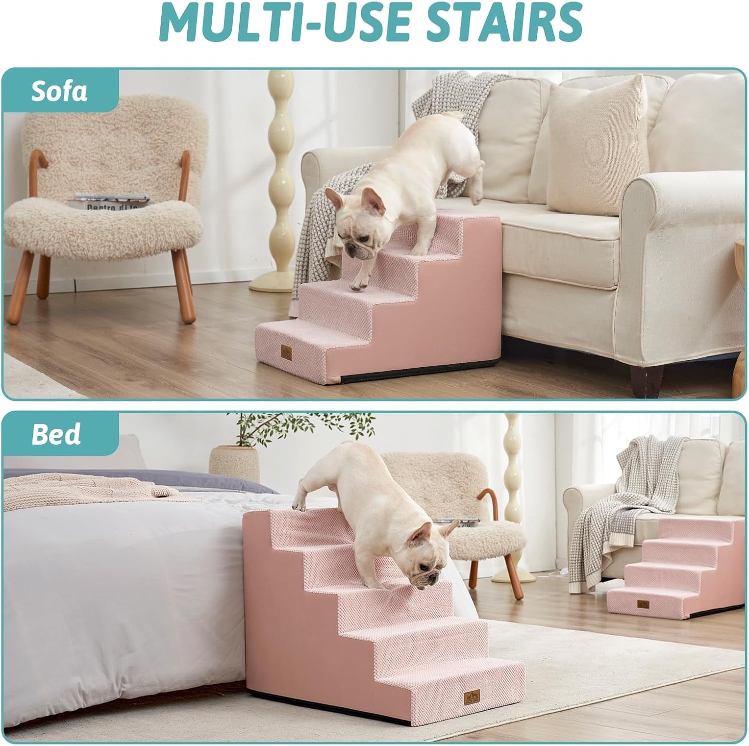 Wide Dog Stairs Non-Slip Pet Steps for Small Dogs Cats Puppy 50x75x60cm Pink