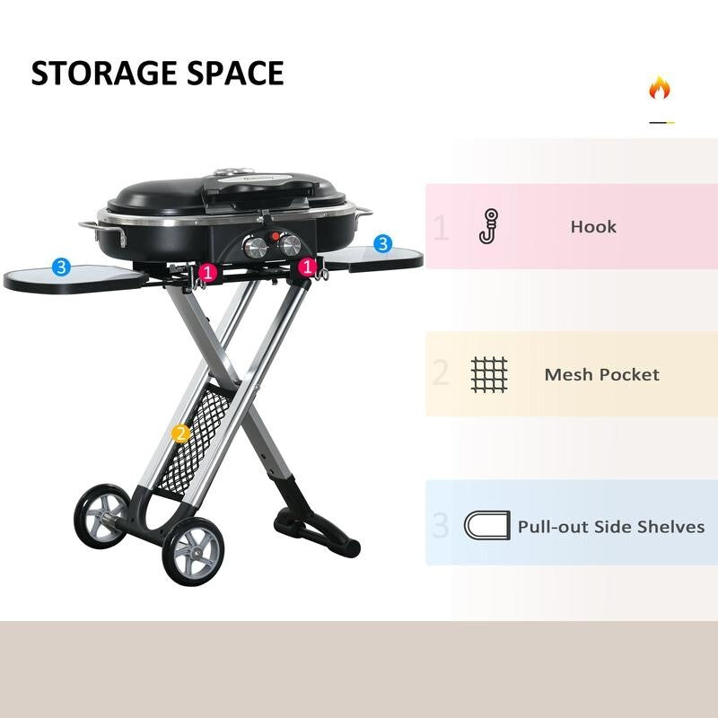2 Burner Foldable Gas BBQ Grill w/ Thermometer, Shelves & Wheels Portable