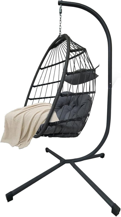 Foldable Egg Swing Chair with Stand – 300lbs, Cushioned, Weatherproof