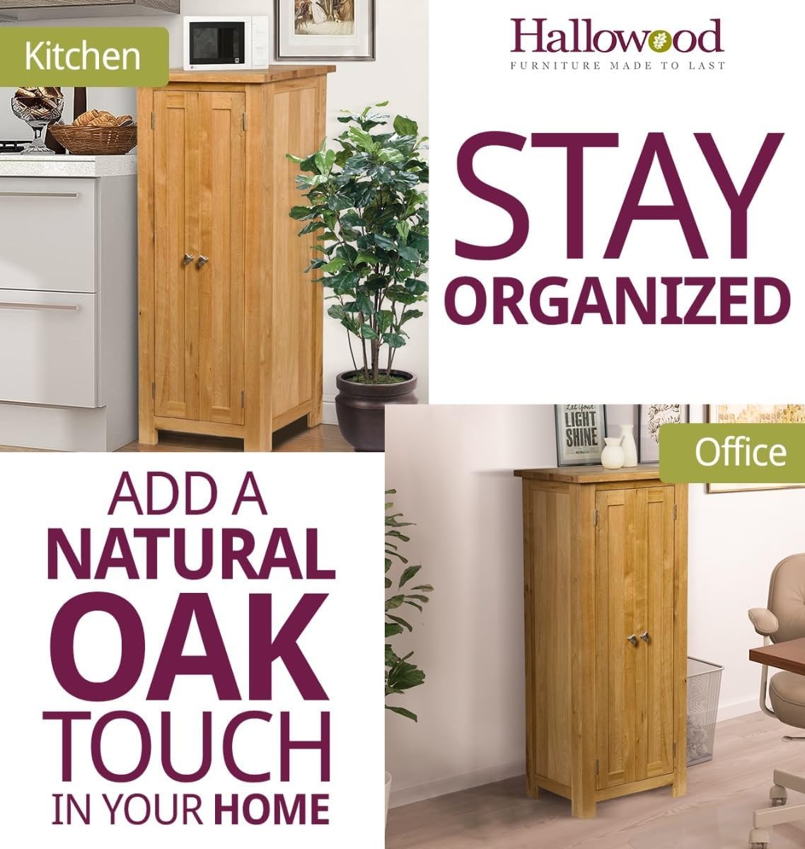 Narrow Oak Storage Cabinet 2 Door Cupboard | Adjustable Shelves Solid Wood Unit