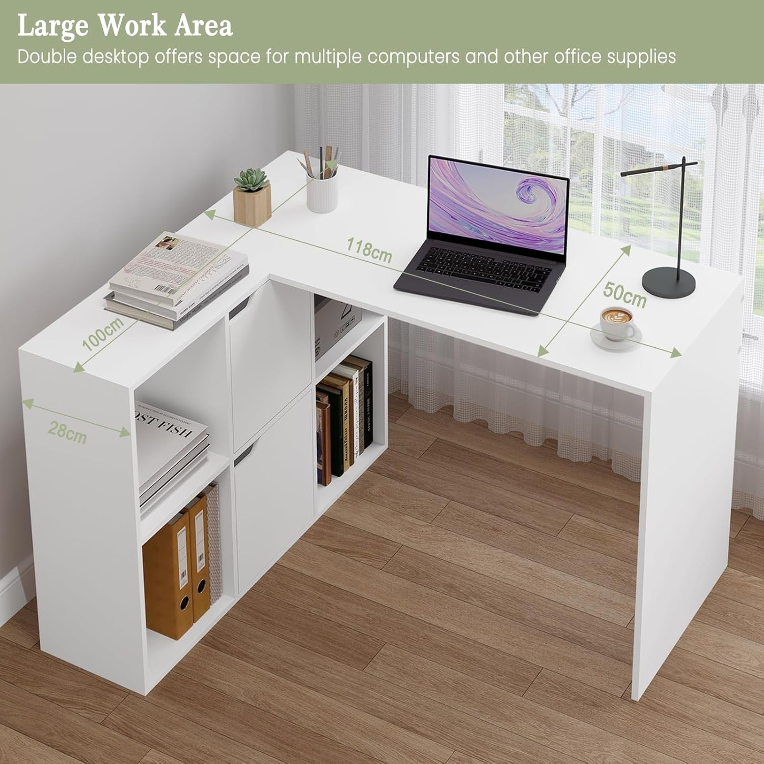 Corner L-Shaped Desk 120x100cm with 6 Storage Cubes Double Top White