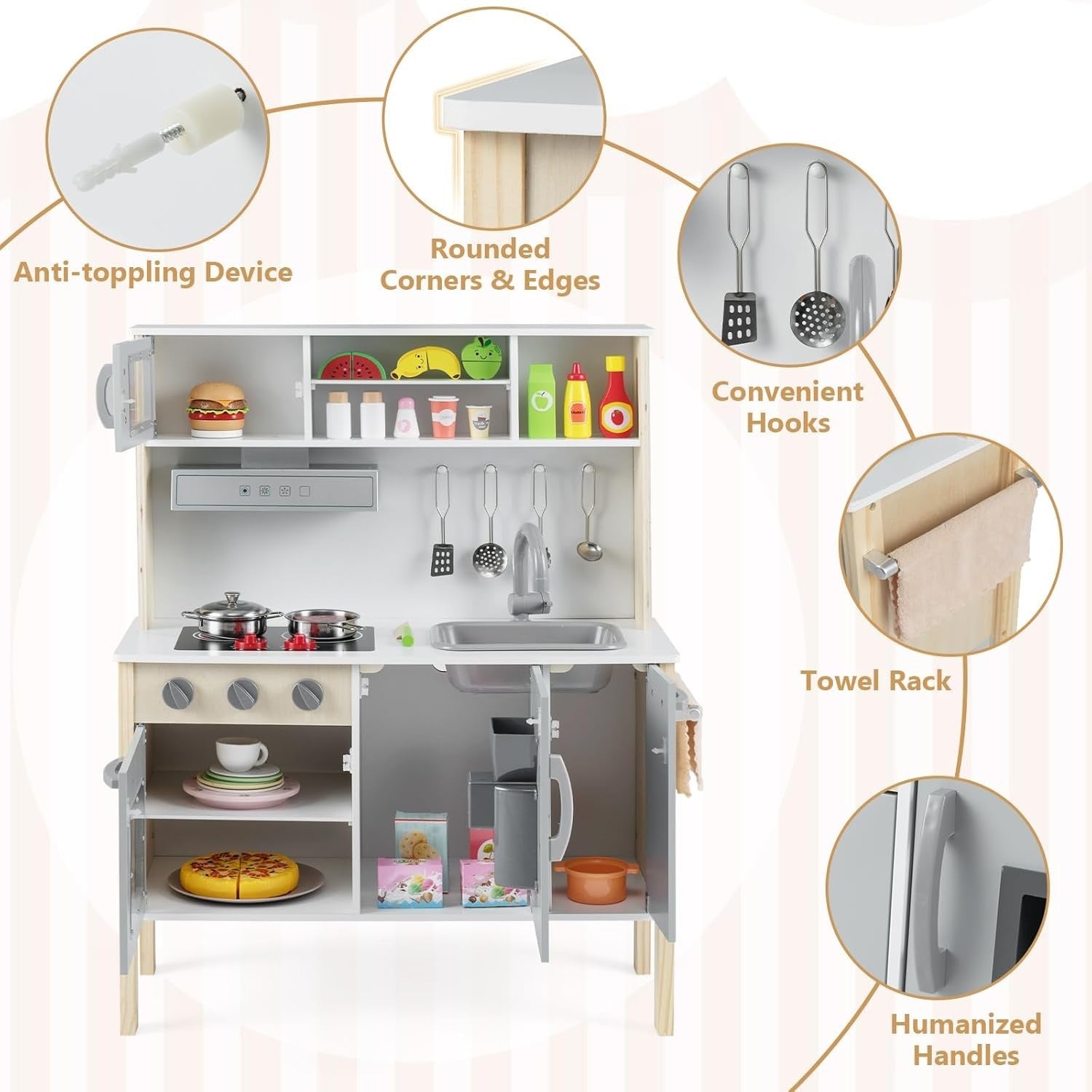 Wooden Kids Play Kitchen Grey Toy Set Microwave Oven Ice Maker Sound