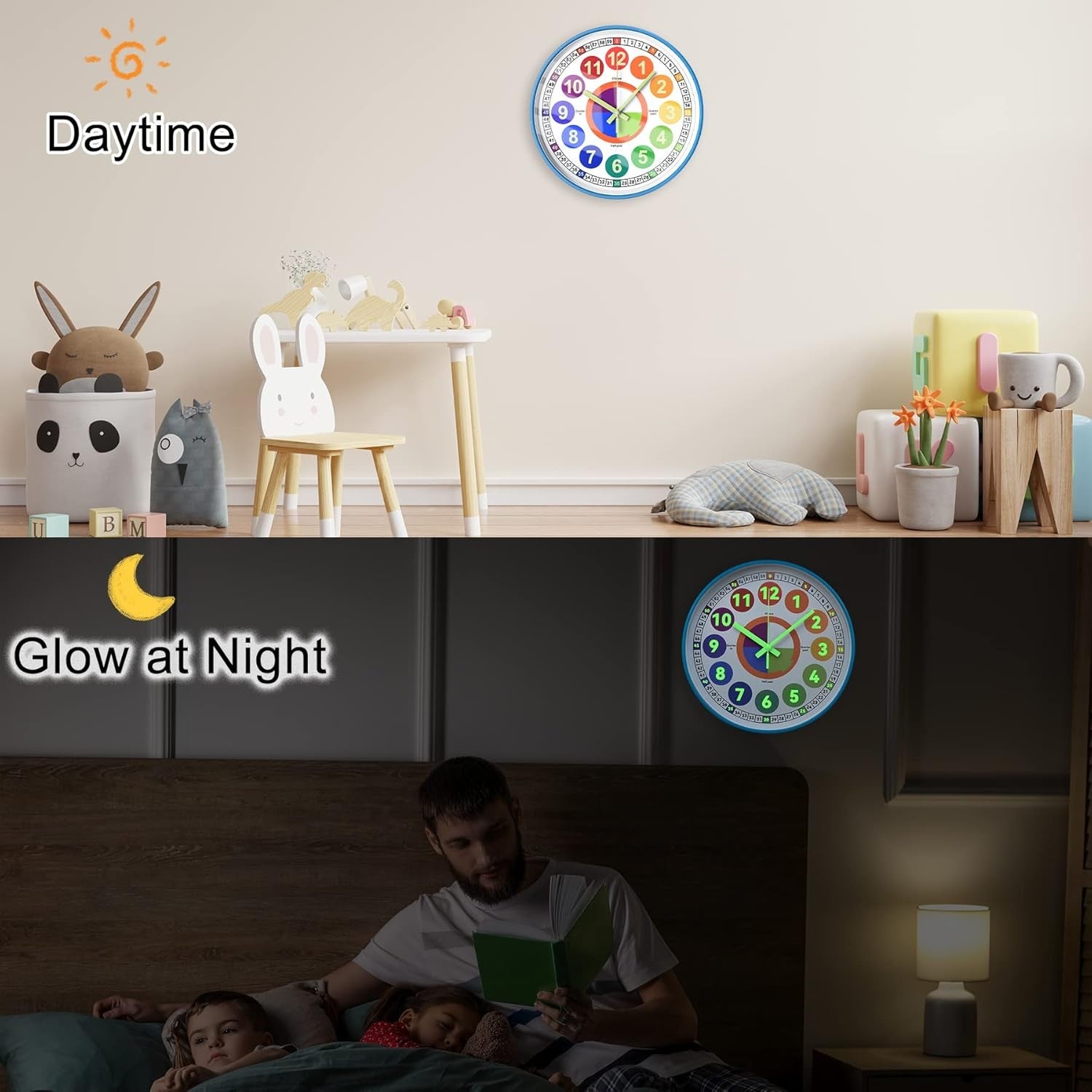Kids Rainbow Learning Wall Clock 12" Silent Colourful Teaching Time Clock Bedroo