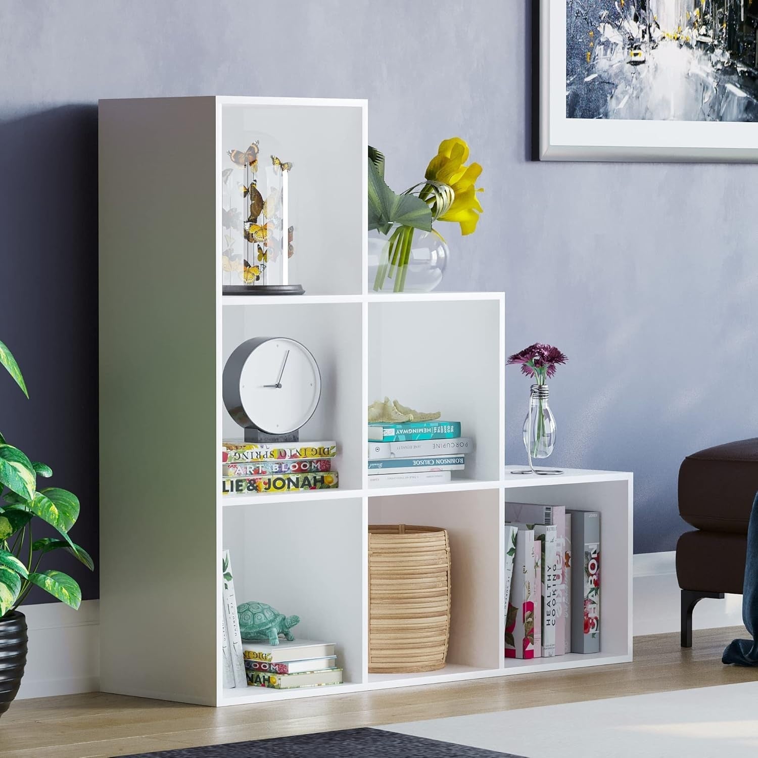 White 6 Cube Staircase Bookcase with 3 White Storage Baskets – Modern Display Un