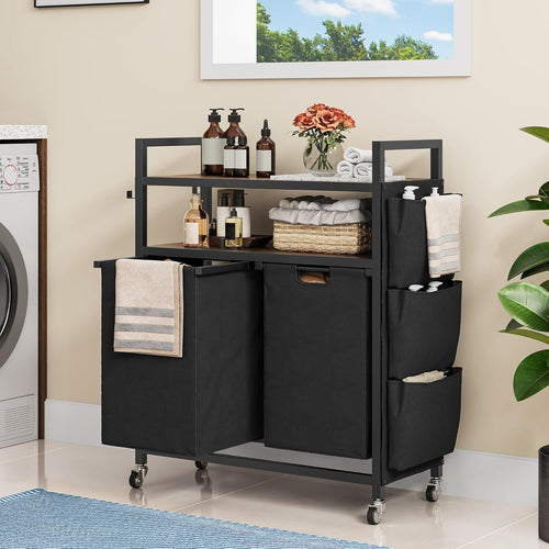 Freestanding Laundry Sorter with Shelves & Wheels | 2 Pull-Out Bags | 71cm Wide