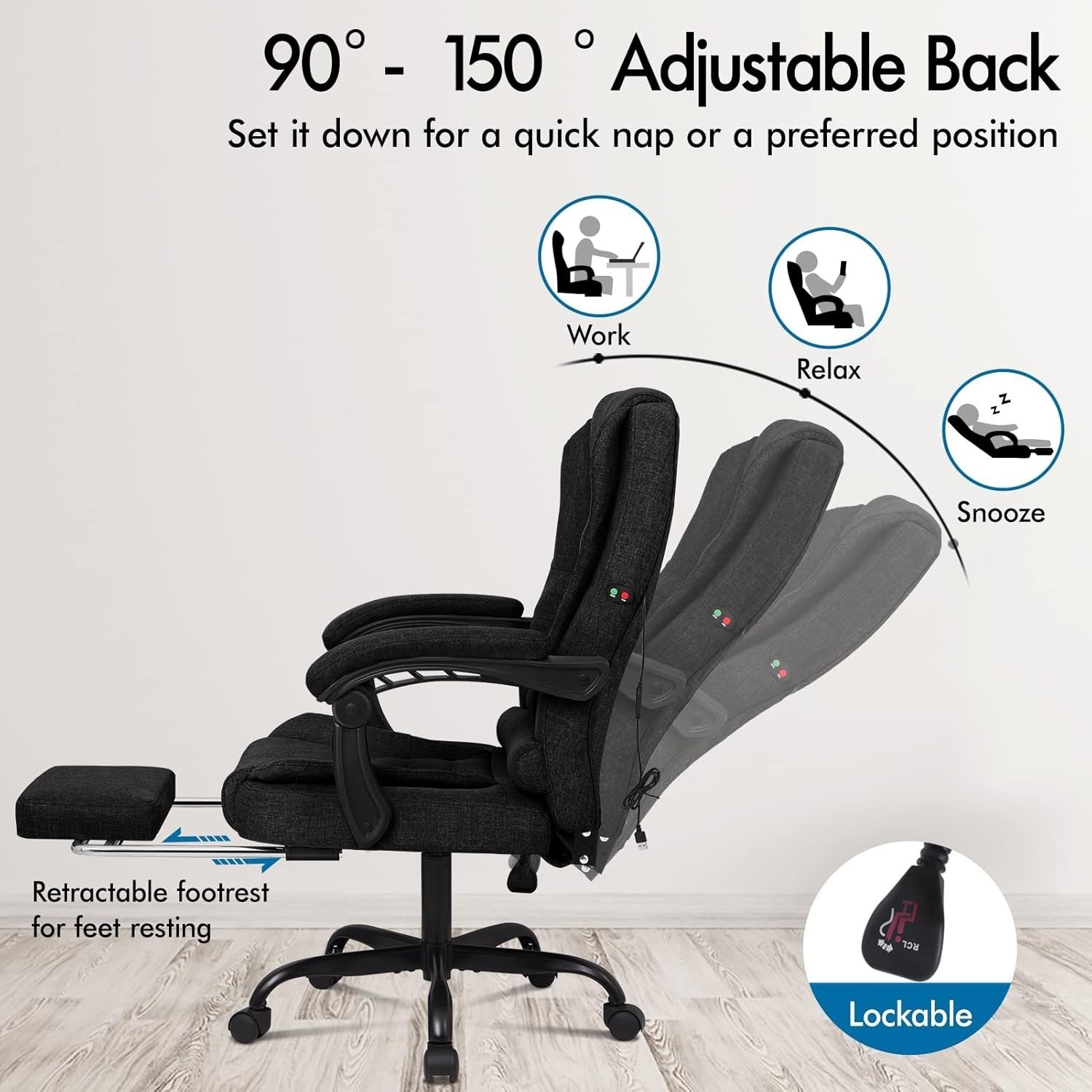 Executive Reclining Desk Chair 150° Massage Swivel Linen Ergonomic S-Curve