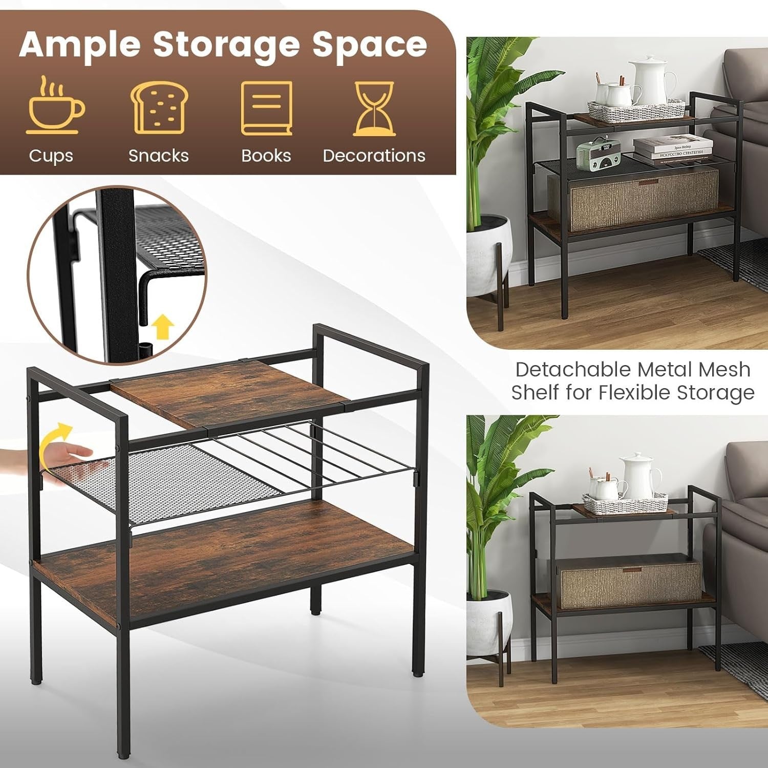 3-Tier Industrial Side Table with Removable Top & Mesh Shelf, Sturdy Metal Frame