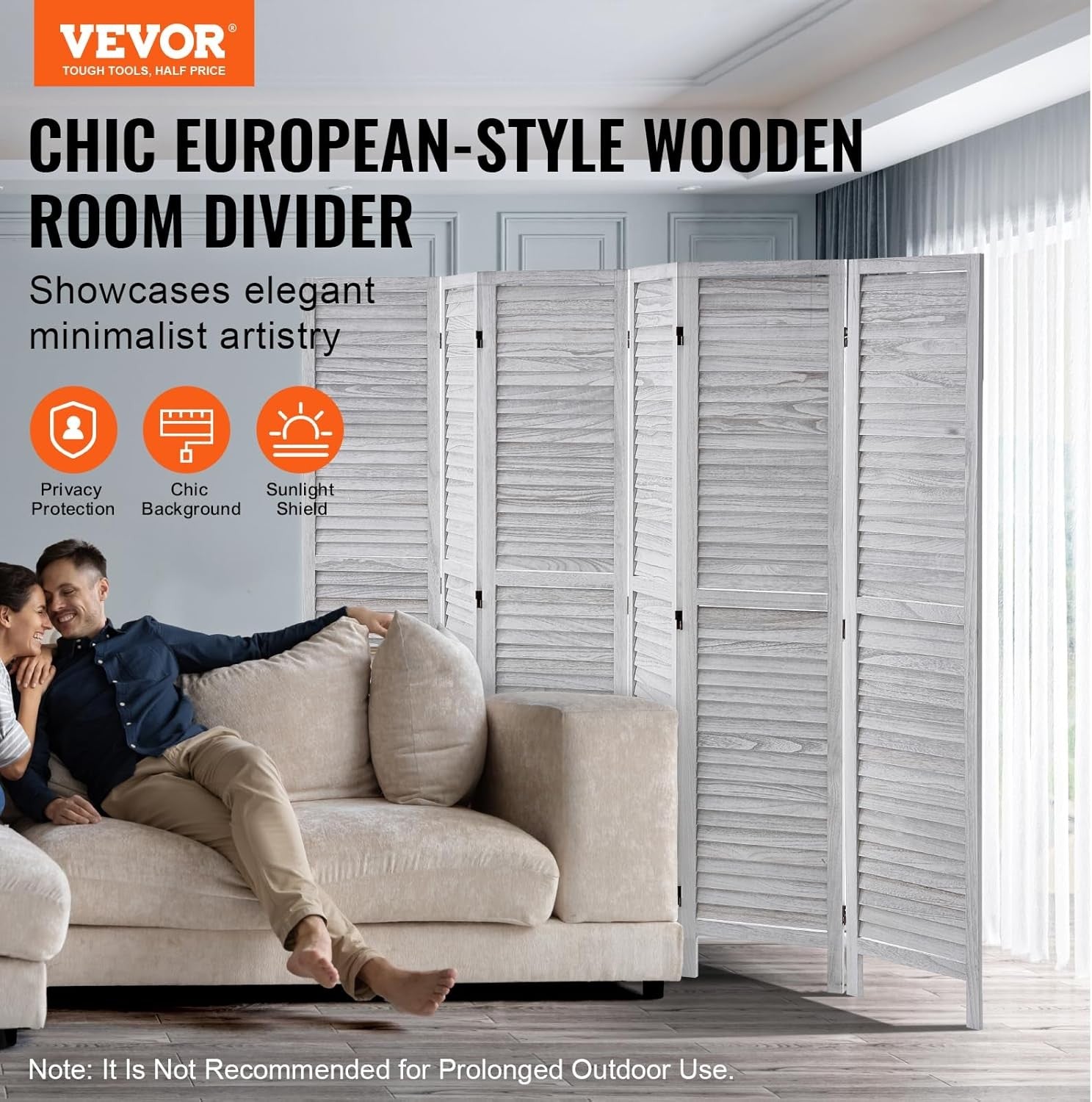 6 Panel Wooden Folding Room Divider Light Grey Privacy Screen 242x170cm