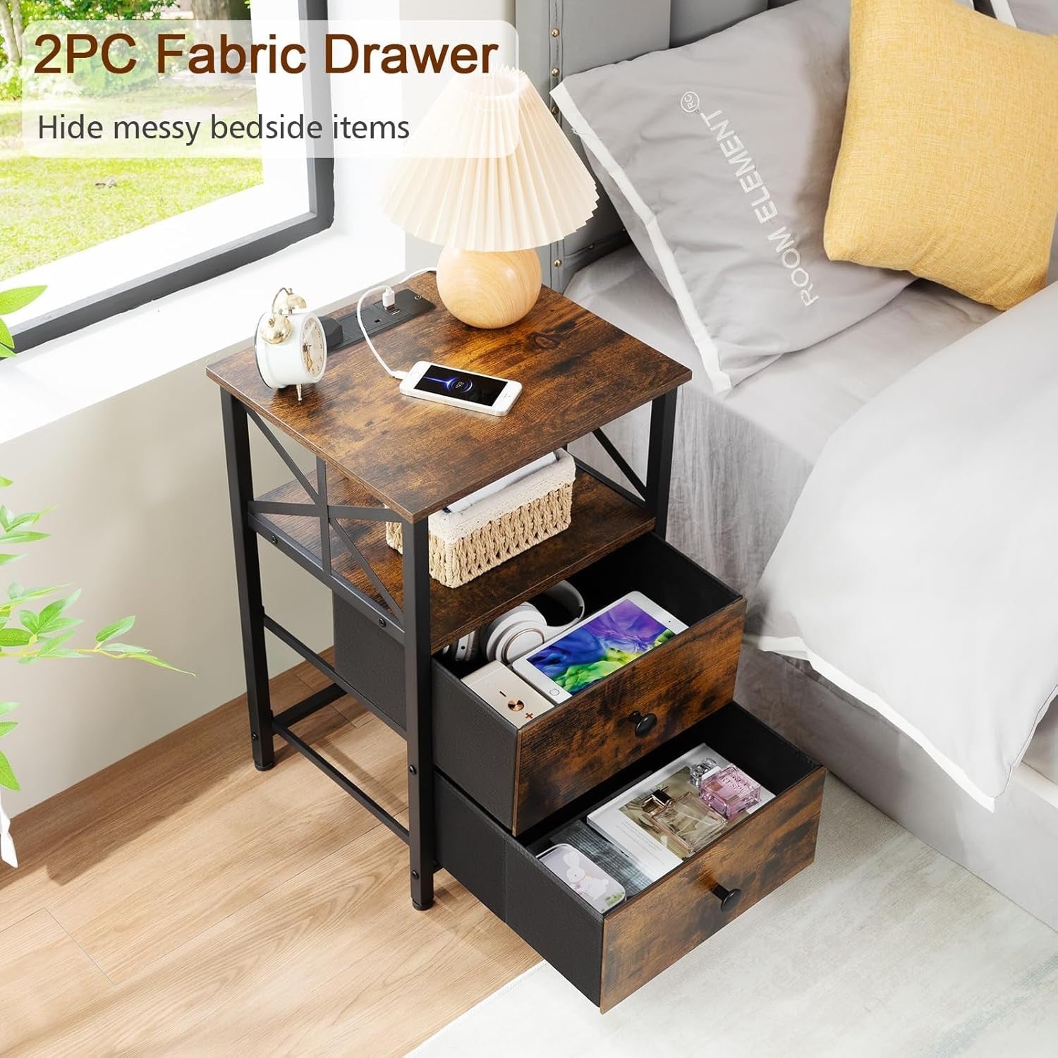 Set of 2 Brown Bedside Tables with USB Ports & Fabric Drawers