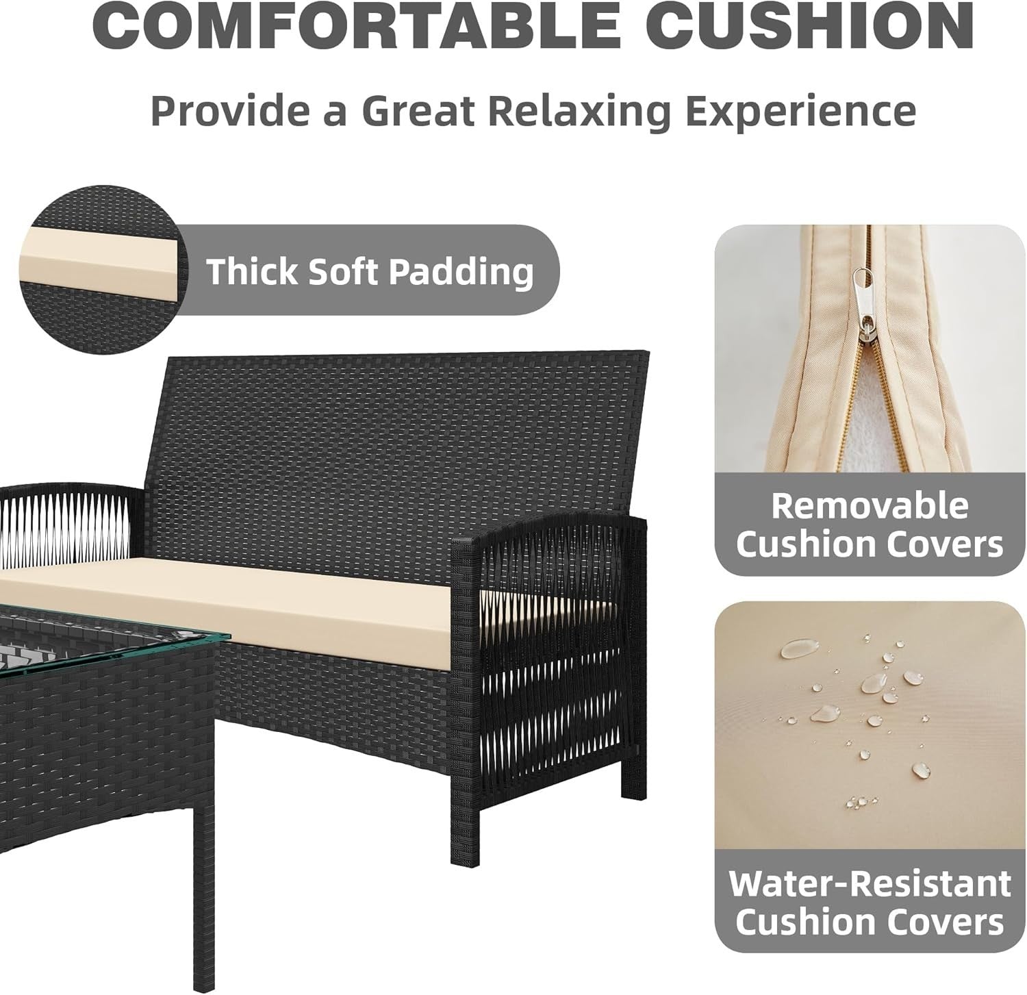4-Piece Rattan Garden Patio Set Black Cushioned Sofa & Glass Coffee Table