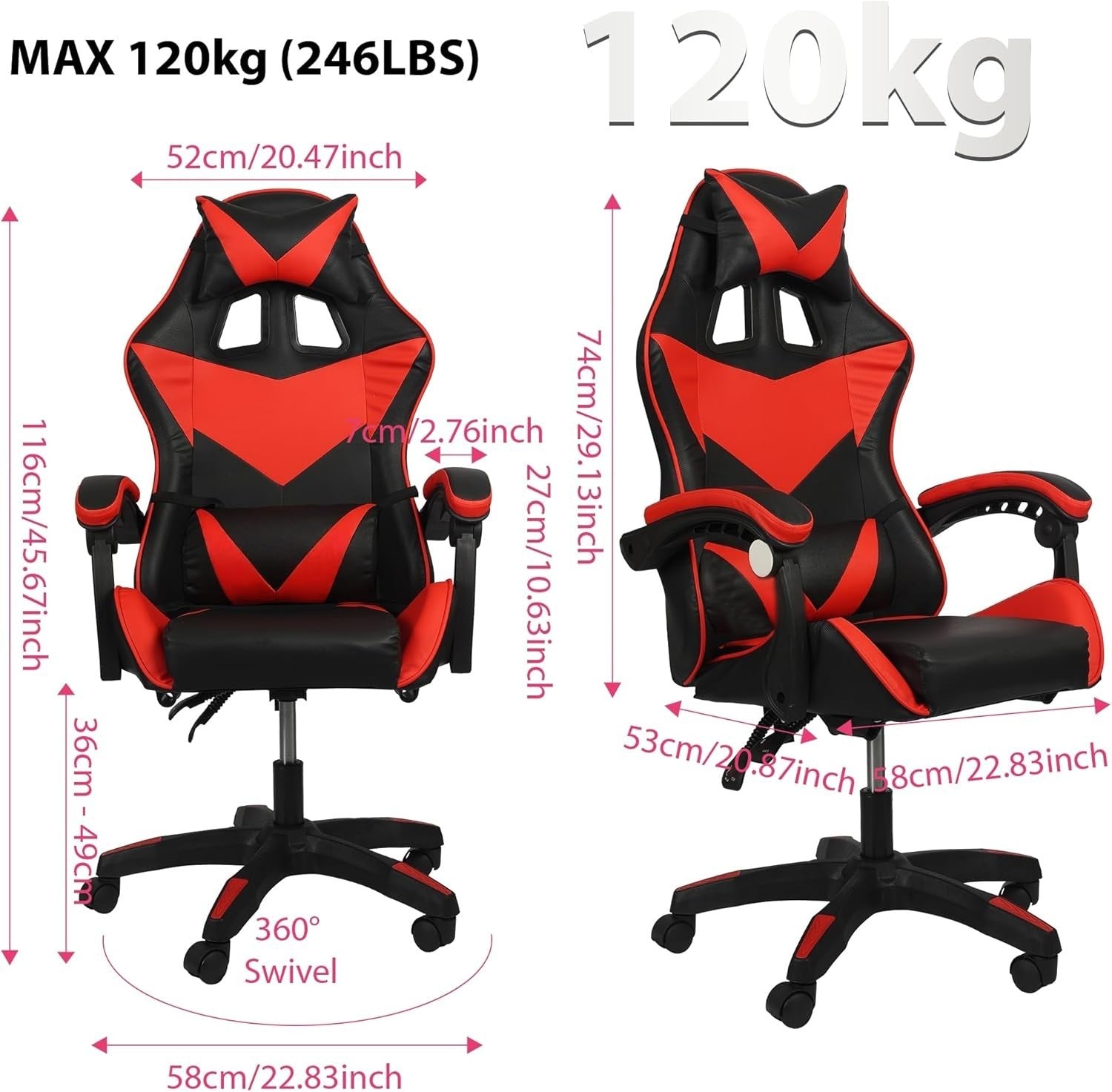 Gaming Chair Ergonomic Recliner Office Racing Desk Seat Black/Red 246lb Support