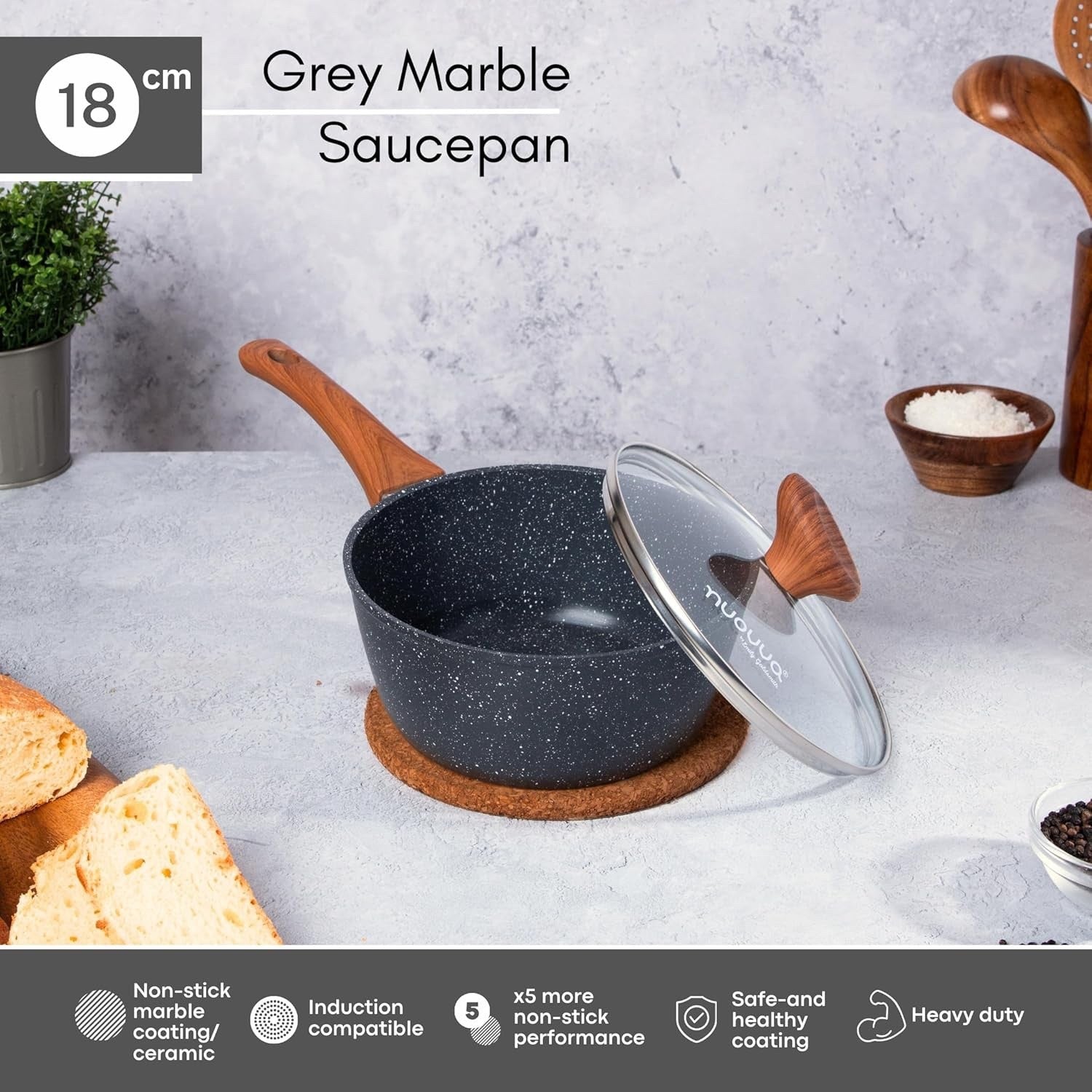 18cm Non-Stick Marble Saucepan with Glass Lid Induction & Gas Ready