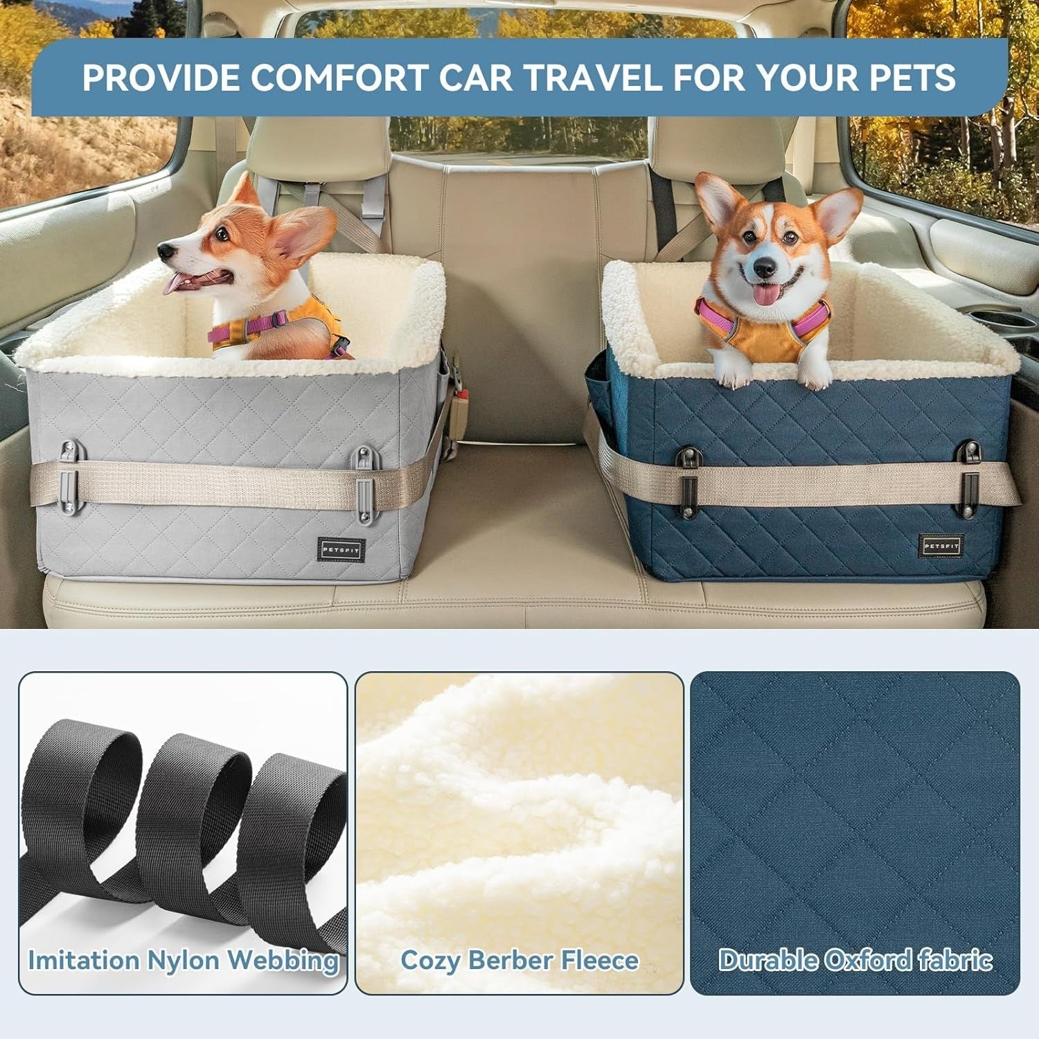Elevated Dog Booster Car Seat Pet Travel Bed Safety Leash 30lbs Blue