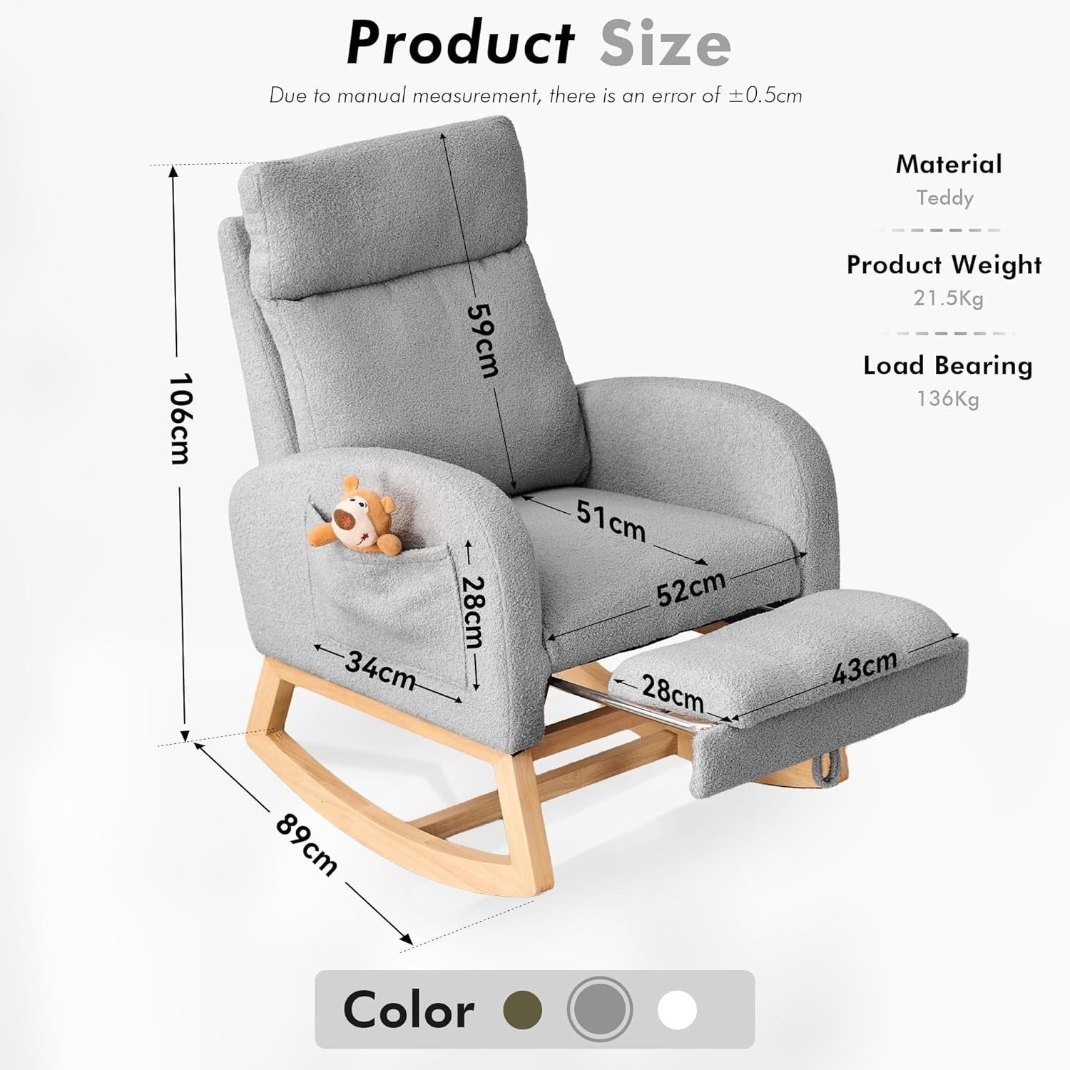 Rocking Chair w/ Footrest & Side Pocket, Comfy Teddy Fabric, Ergonomic Seat