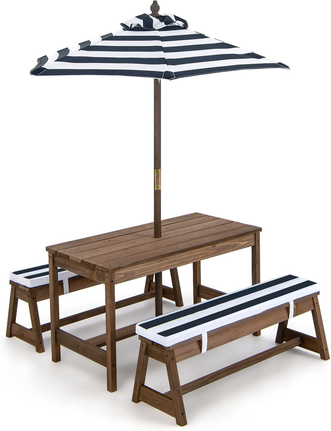 Kids Wooden Picnic Table Bench Set w/ Cushions & Umbrella – Outdoor Play