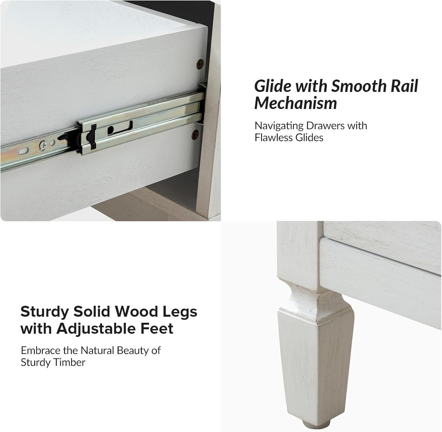Set of 2 White Modern Bedside Tables with 2 Drawers & Shelf, Solid Wood Legs
