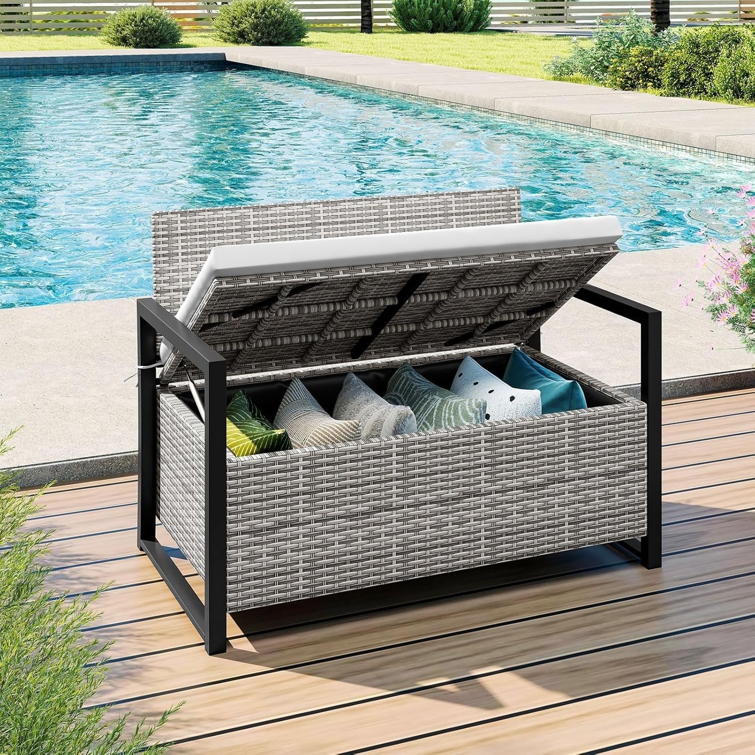 Outdoor 2-Seater PE Rattan Storage Bench with 150L Box & Padded Cushion, Gray