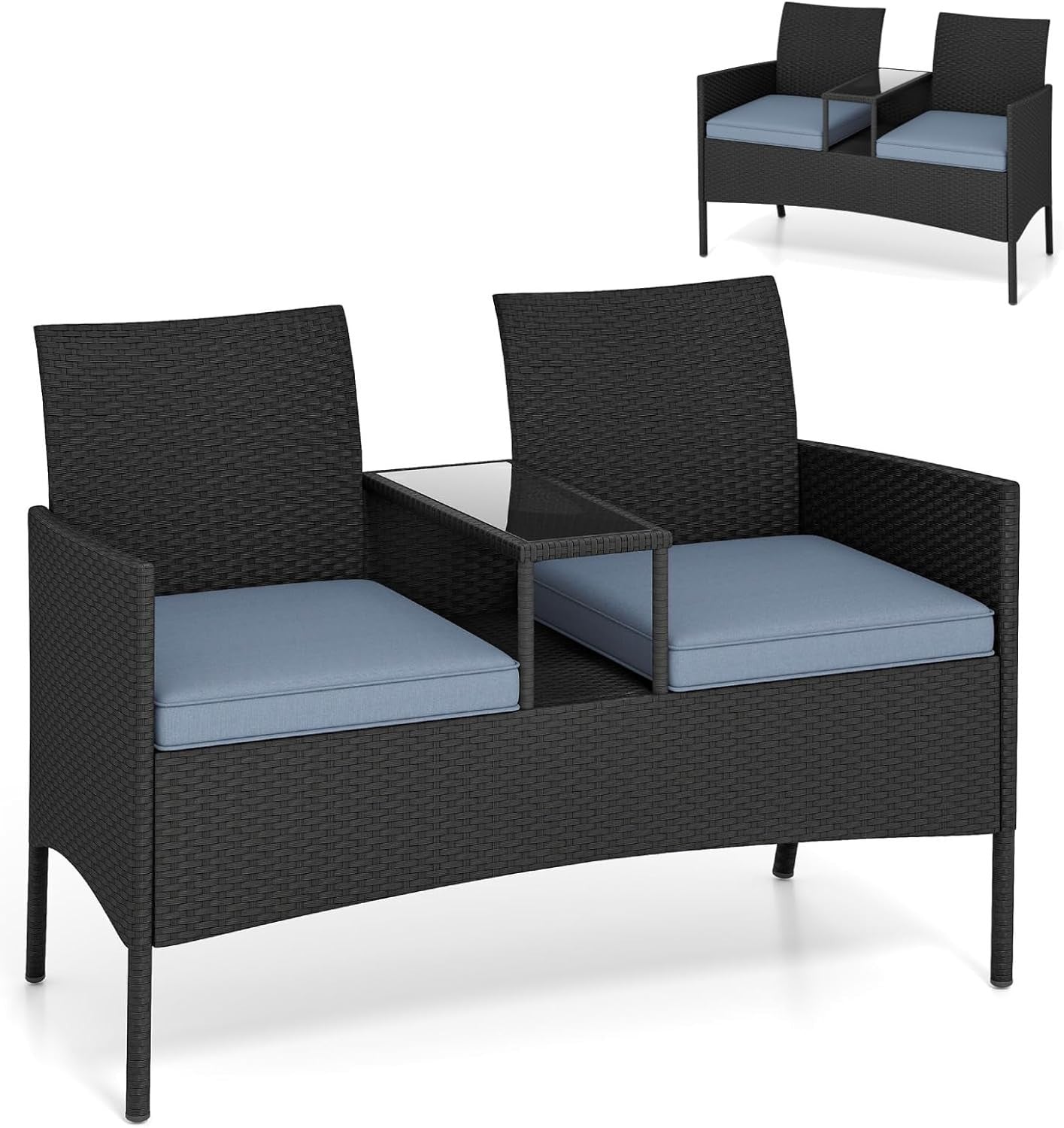 Outdoor Rattan 2 Seater Love Seat with Glass Table Garden Patio Sofa Grey
