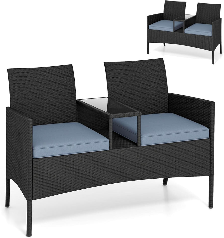Outdoor Rattan 2 Seater Love Seat with Glass Table Garden Patio Sofa Grey
