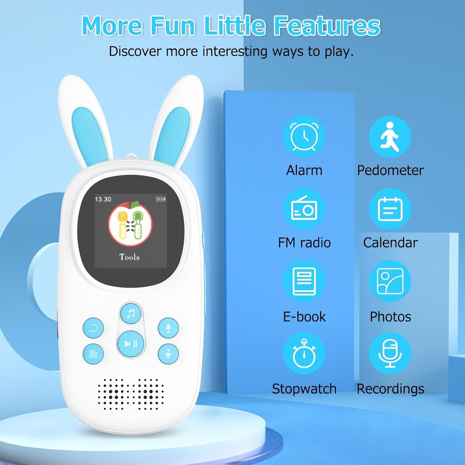 Kids MP3 Player 32GB Bluetooth FM Radio Alarm Pedometer Blue