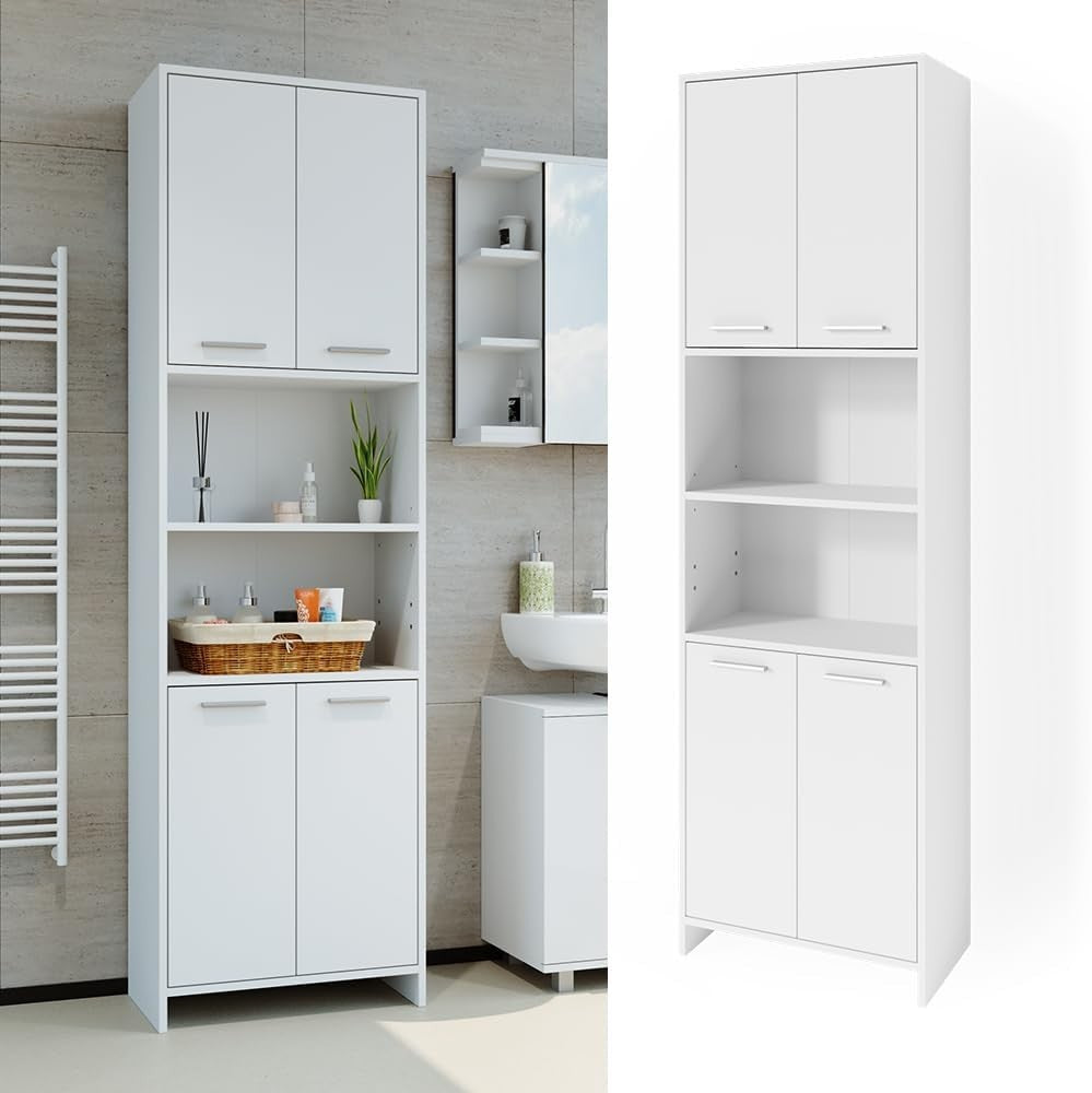 White Bathroom Storage Cabinet with Adjustable Shelves & Doors – 56x190 cm