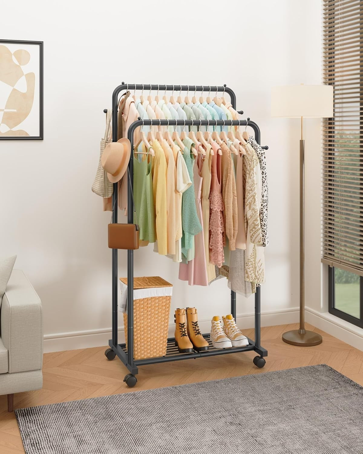 Double Rod Clothes Rail with Shelf & Hooks – Black 150cm