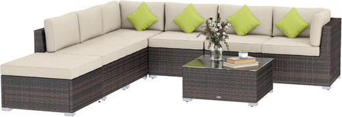 8 Seat Brown Rattan Garden Corner Sofa Set w/ Cushions & Glass Table