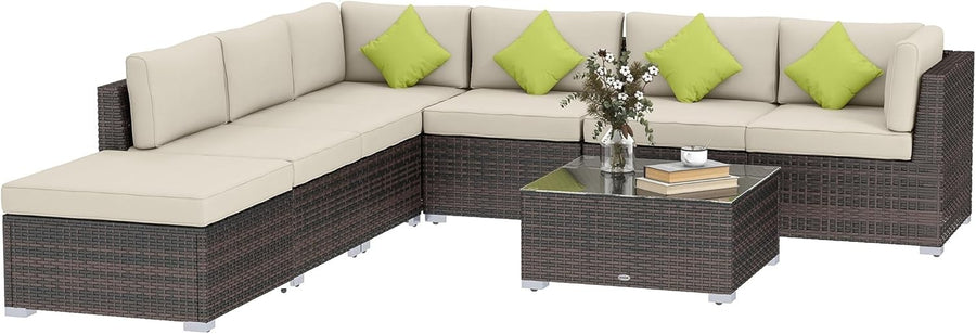 8 Seat Brown Rattan Garden Corner Sofa Set w/ Cushions & Glass Table