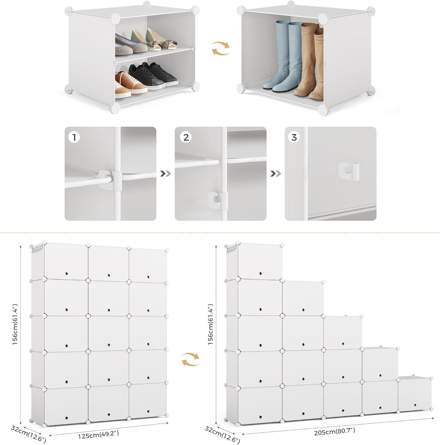 60 Pair Shoe Rack 3x10 Tier Modular Plastic Storage with Hooks & Removable