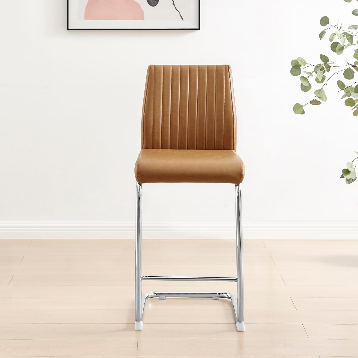 Modern Tan Bar Stools Set of 2 – Faux Leather Cantilever Chairs