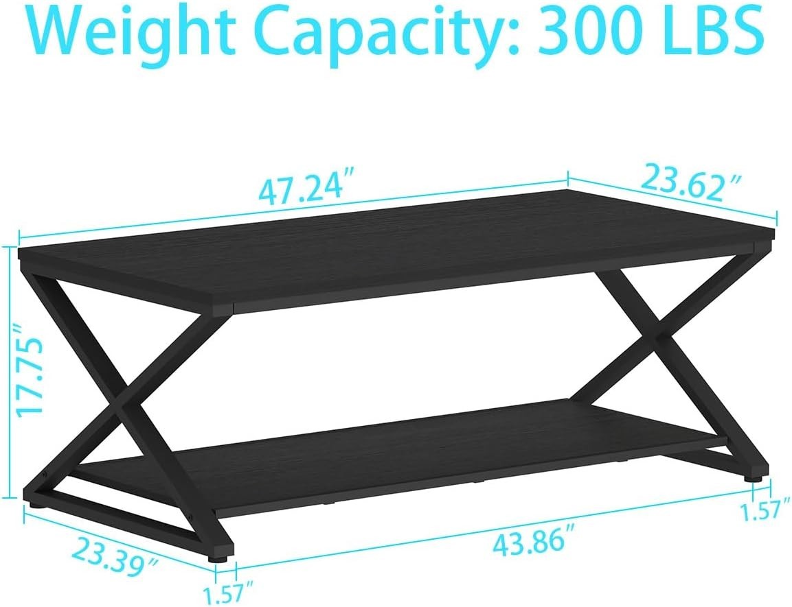 Industrial Black Coffee Table with Storage Shelf – Modern 47" Metal Wood Design